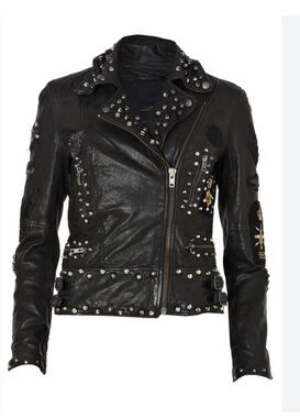 VTG AllSaints Harris Studs & Patched Military Punk Biker Leather Jacket UK10 US6